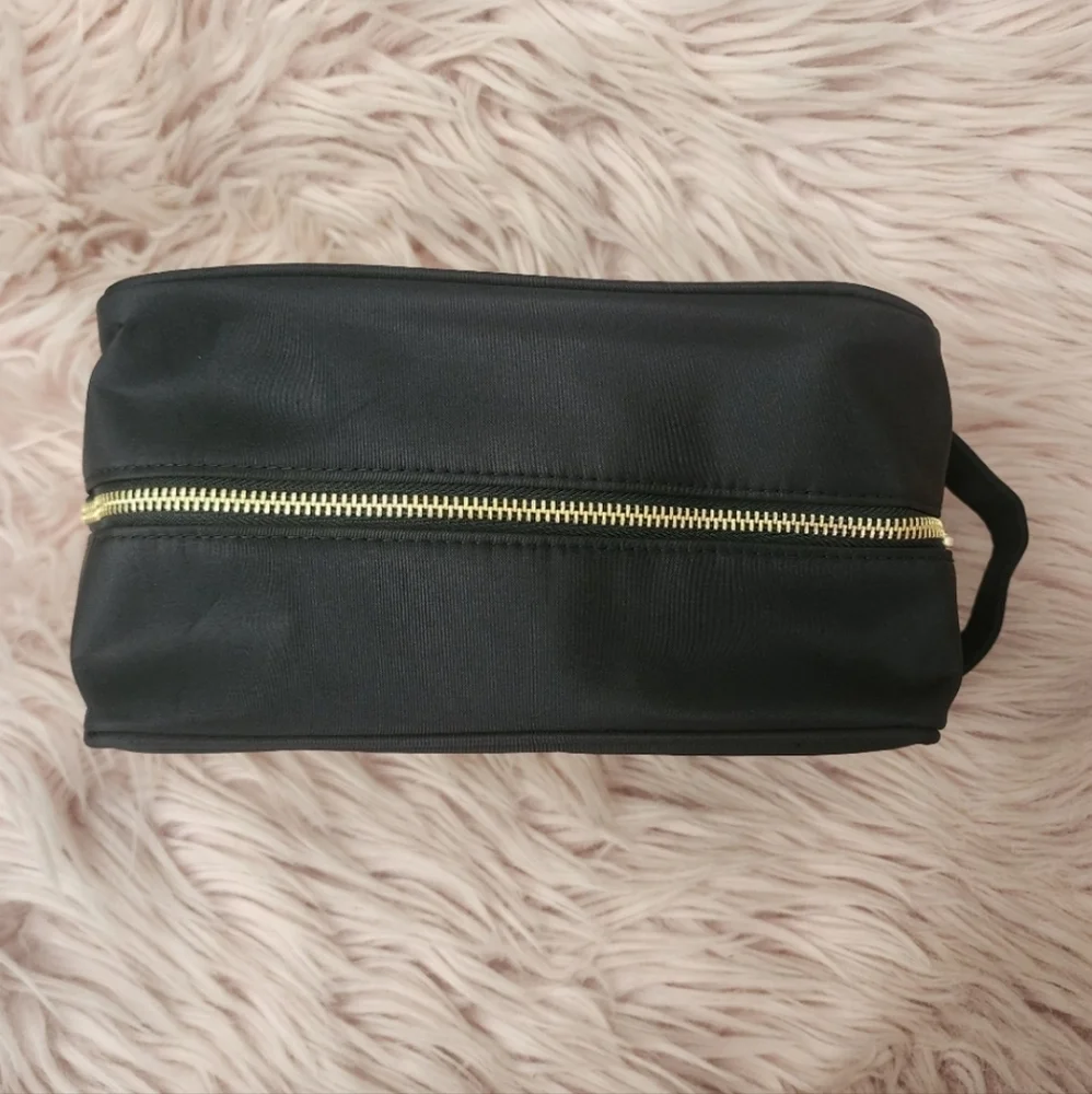 Milani makeup bag travel pouch black nylon gold embroidered